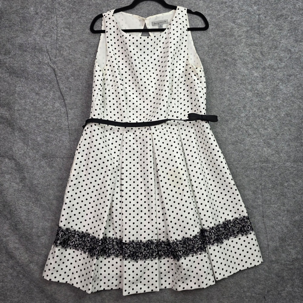 Danny and Nicole Polka Dot Fit and Flare Dress White Black Lace Trim Size 16